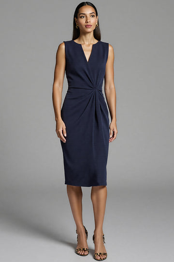 Navy Bodycon Ruched V-Neck Satin Midi Work Dress